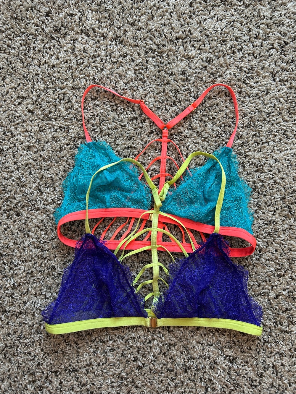 Victoria's Secret Neon Lace Bralette Set in Teal, Purple, Coral & Lime